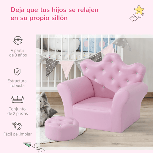 HOMCOM Sofá para Crianças com Banco Sofá Infantil Decorativo com Encosto Alto em Forma de Coroa e Apoio para os Braços Acolchoado 58x40,5x49cm Rosa
