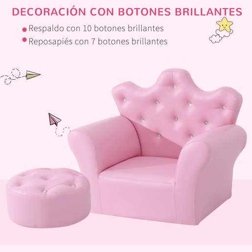 HOMCOM Sofá para Crianças com Banco Sofá Infantil Decorativo com Encosto Alto em Forma de Coroa e Apoio para os Braços Acolchoado 58x40,5x49cm Rosa