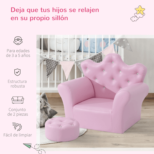 HOMCOM Sofá para Crianças com Banco Sofá Infantil Decorativo com Encosto Alto em Forma de Coroa e Apoio para os Braços Acolchoado 58x40,5x49cm Rosa