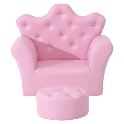 HOMCOM Sofá para Crianças com Banco Sofá Infantil Decorativo com Encosto Alto em Forma de Coroa e Apoio para os Braços Acolchoado 58x40,5x49cm Rosa