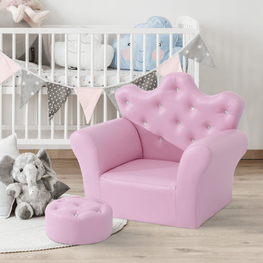 HOMCOM Sofá para Crianças com Banco Sofá Infantil Decorativo com Encosto Alto em Forma de Coroa e Apoio para os Braços Acolchoado 58x40,5x49cm Rosa