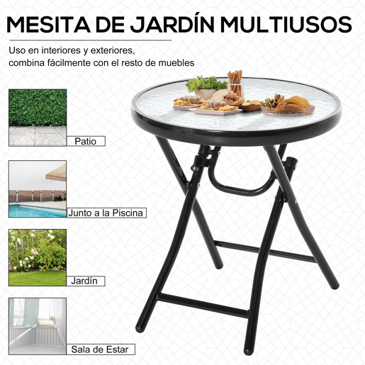 Outsunny Mesa dobrável redonda de vidro Mesa de jardim com fivela de segurança borda coberta de metal interno e externo Ø45x50 cm Preto