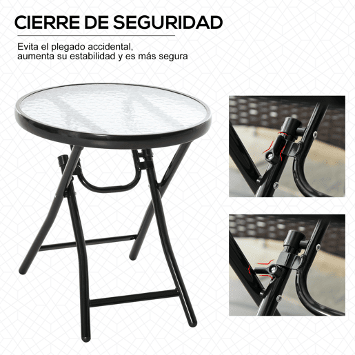 Outsunny Mesa dobrável redonda de vidro Mesa de jardim com fivela de segurança borda coberta de metal interno e externo Ø45x50 cm Preto