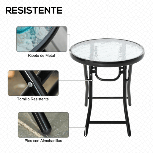 Outsunny Mesa dobrável redonda de vidro Mesa de jardim com fivela de segurança borda coberta de metal interno e externo Ø45x50 cm Preto