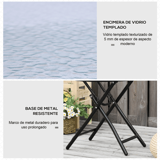 Outsunny Mesa dobrável redonda de vidro Mesa de jardim com fivela de segurança borda coberta de metal interno e externo Ø45x50 cm Preto
