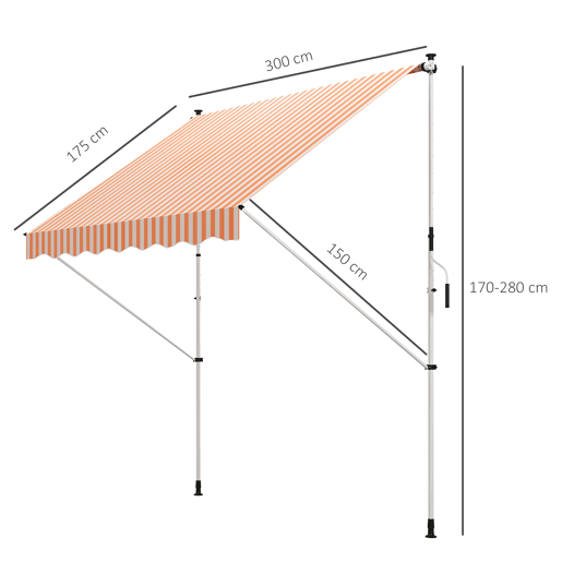 Outsunny Toldo Manual Retrátil 3x1,5 m, Toldo Exterior para Terraço Enrolável, Altura Ajustável 170-280 cm, com Manivela, Anti-UV e Impermeável, Sem Perfuração, para Varanda, Jardim, Laranja