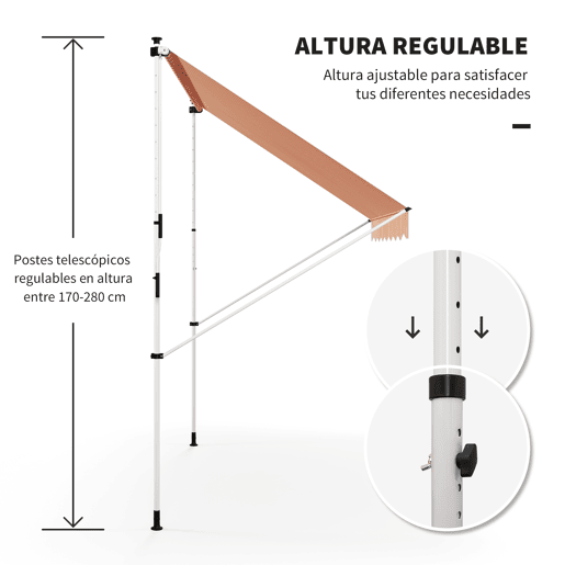 Outsunny Toldo Manual Retrátil 3x1,5 m, Toldo Exterior para Terraço Enrolável, Altura Ajustável 170-280 cm, com Manivela, Anti-UV e Impermeável, Sem Perfuração, para Varanda, Jardim, Laranja