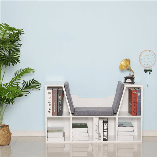 HOMCOM Estante Infantil com Assento Estante com 6 Cubos e Banco com Almofada 102x30x61cm Branco e Cinzento