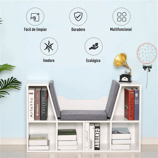 HOMCOM Estante Infantil com Assento Estante com 6 Cubos e Banco com Almofada 102x30x61cm Branco e Cinzento