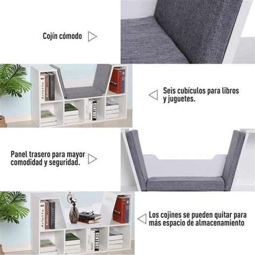HOMCOM Estante Infantil com Assento Estante com 6 Cubos e Banco com Almofada 102x30x61cm Branco e Cinzento