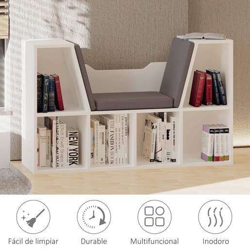 HOMCOM Estante Infantil com Assento Estante com 6 Cubos e Banco com Almofada 102x30x61cm Branco e Cinzento