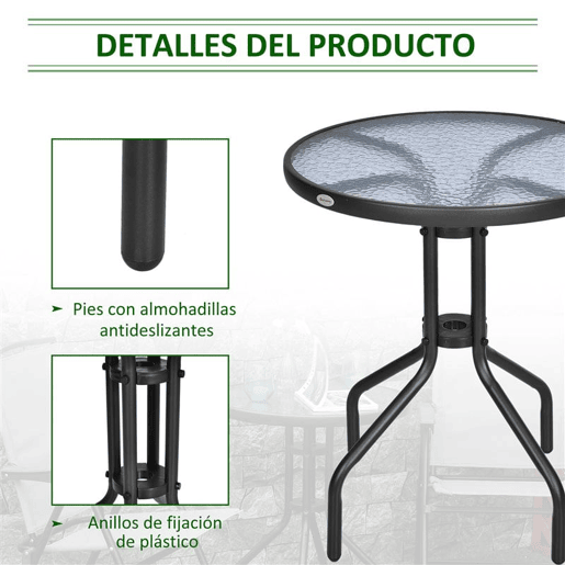 Outsunny Mesa de Jardim Redonda com Bancada de Vidro Temperado Decorativa e Estrutura de Metal para Pátio Terraço Varanda Ø60x70 cm Preto
