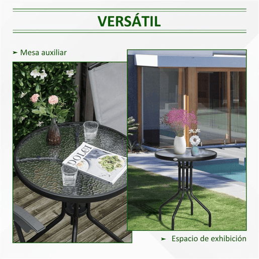 Outsunny Mesa de Jardim Redonda com Bancada de Vidro Temperado Decorativa e Estrutura de Metal para Pátio Terraço Varanda Ø60x70 cm Preto
