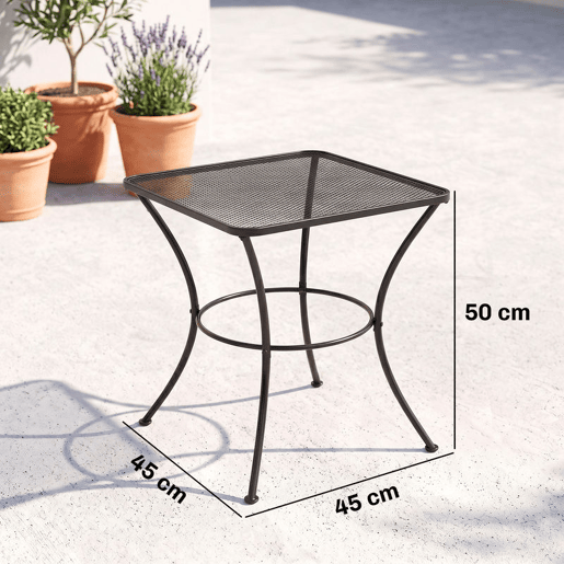 Outsunny Mesa Auxiliar Quadrada Mesa de Jardim Exterior com Estrutura de Metal para Pátio Terraço Varanda 45x45x50 cm Preto