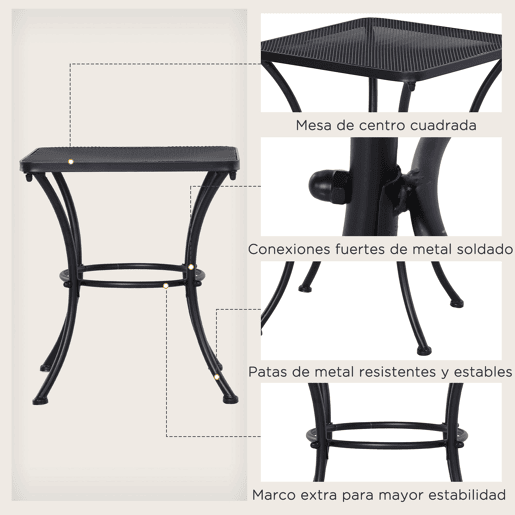 Outsunny Mesa Auxiliar Quadrada Mesa de Jardim Exterior com Estrutura de Metal para Pátio Terraço Varanda 45x45x50 cm Preto