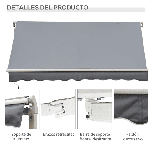 Outsunny Toldo Manual Retrátil 3x2,5 cm, Toldo Exterior para Terraço com Ângulo Ajustável, Braço Articulado, Montagem na Parede, Estrutura de Alumínio, Anti-UV e Impermeável, para Jardim, Cinza