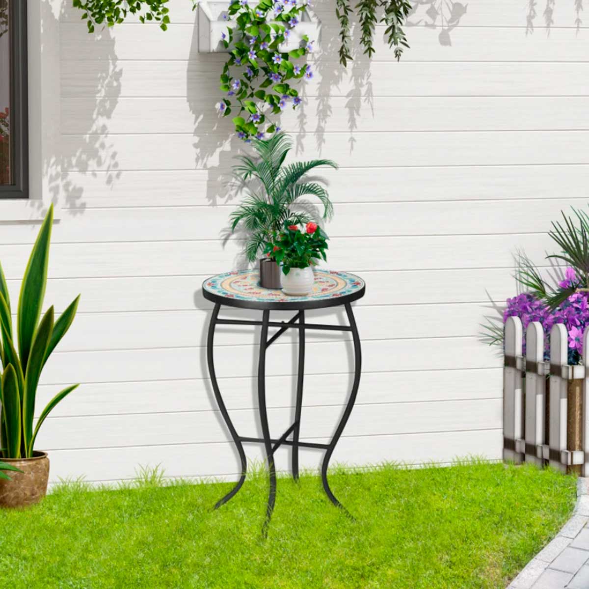 Outsunny mesa de jardín redonda mesa auxiliar de mosaico con patas de metal para patio terraza exterior balcón ø35,5x53,5 cm turquesa