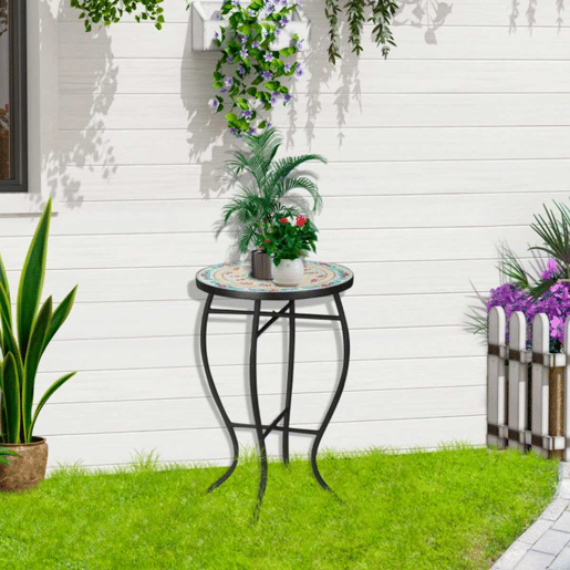 Outsunny Mesa de Jardim Redonda Mesa Auxiliar de Mosaico com Pés de Metal para Pátio Terraço Exterior Varanda Ø35,5x53,5 cm Turquesa