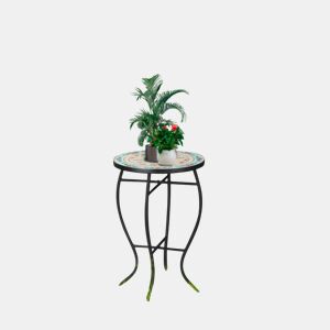 Outsunny Mesa de Jardim Redonda Mesa Auxiliar de Mosaico com Pés de Metal para Pátio Terraço Exterior Varanda Ø35,5x53,5 cm Turquesa