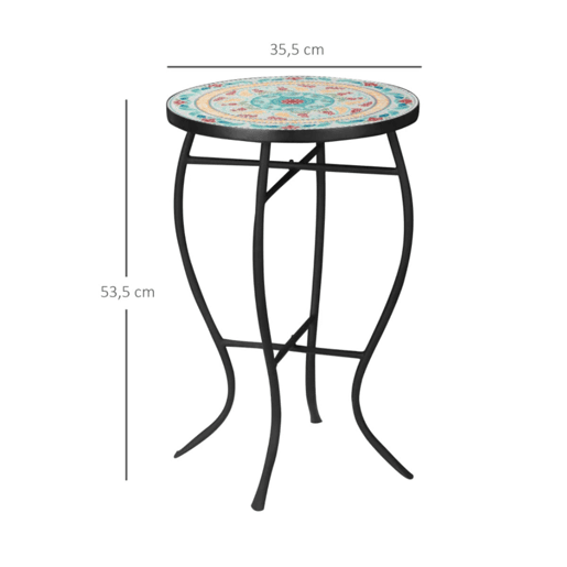 Outsunny Mesa de Jardim Redonda Mesa Auxiliar de Mosaico com Pés de Metal para Pátio Terraço Exterior Varanda Ø35,5x53,5 cm Turquesa