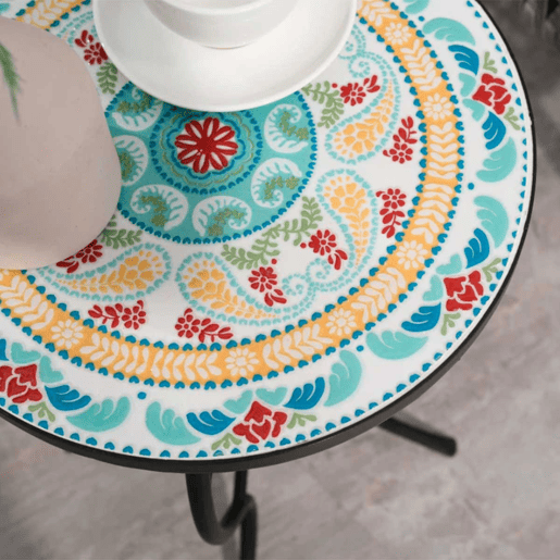 Outsunny Mesa de Jardim Redonda Mesa Auxiliar de Mosaico com Pés de Metal para Pátio Terraço Exterior Varanda Ø35,5x53,5 cm Turquesa