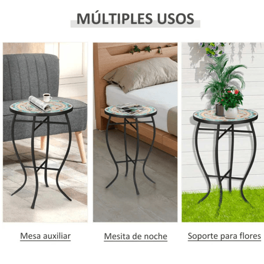 Outsunny Mesa de Jardim Redonda Mesa Auxiliar de Mosaico com Pés de Metal para Pátio Terraço Exterior Varanda Ø35,5x53,5 cm Turquesa