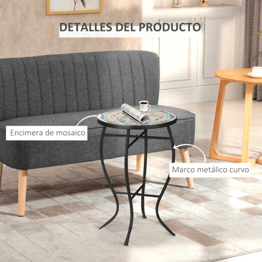Outsunny Mesa de Jardim Redonda Mesa Auxiliar de Mosaico com Pés de Metal para Pátio Terraço Exterior Varanda Ø35,5x53,5 cm Turquesa