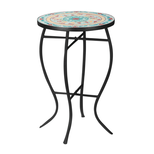 Outsunny Mesa de Jardim Redonda Mesa Auxiliar de Mosaico com Pés de Metal para Pátio Terraço Exterior Varanda Ø35,5x53,5 cm Turquesa