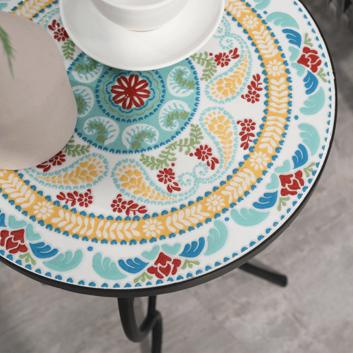 Outsunny Mesa de Jardim Redonda Mesa Auxiliar de Mosaico com Pés de Metal para Pátio Terraço Exterior Varanda Ø35,5x53,5 cm Turquesa