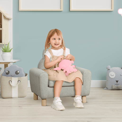 HOMCOM Poltrona Infantil Mini Sofá para Crianças acima de 3 Anos com Assento Acolchoado Apoio para os Braços e Estrutura de Madeira Carga Máxima 45kg 60x42x50cm Cinza