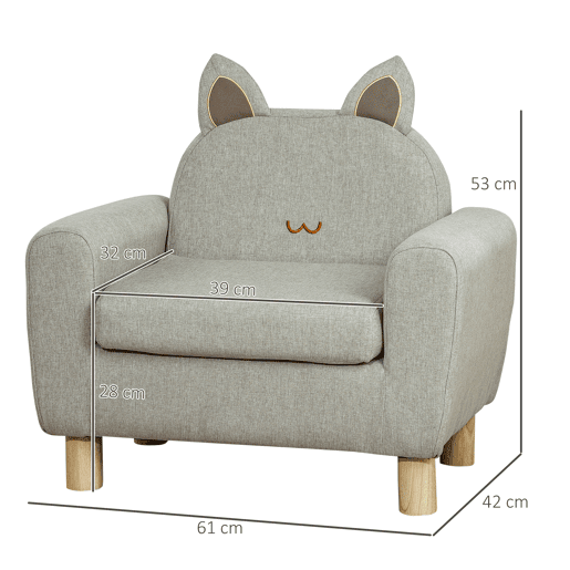 HOMCOM Poltrona Infantil Mini Sofá para Crianças acima de 3 Anos com Assento Acolchoado Apoio para os Braços e Estrutura de Madeira Carga Máxima 45kg 60x42x50cm Cinza