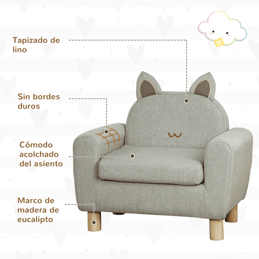 HOMCOM Poltrona Infantil Mini Sofá para Crianças acima de 3 Anos com Assento Acolchoado Apoio para os Braços e Estrutura de Madeira Carga Máxima 45kg 60x42x50cm Cinza