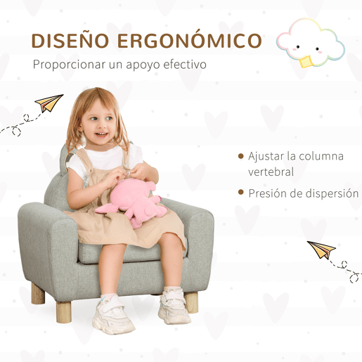 HOMCOM Poltrona Infantil Mini Sofá para Crianças acima de 3 Anos com Assento Acolchoado Apoio para os Braços e Estrutura de Madeira Carga Máxima 45kg 60x42x50cm Cinza