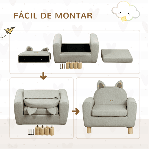 HOMCOM Poltrona Infantil Mini Sofá para Crianças acima de 3 Anos com Assento Acolchoado Apoio para os Braços e Estrutura de Madeira Carga Máxima 45kg 60x42x50cm Cinza