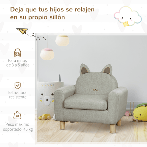 HOMCOM Poltrona Infantil Mini Sofá para Crianças acima de 3 Anos com Assento Acolchoado Apoio para os Braços e Estrutura de Madeira Carga Máxima 45kg 60x42x50cm Cinza