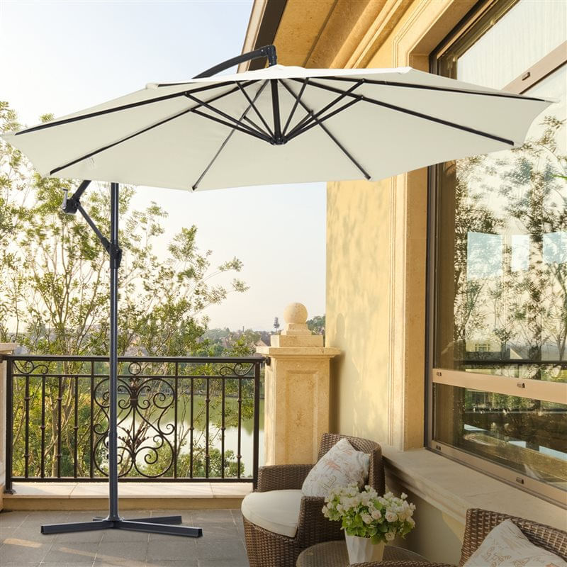 Outsunny sombrilla de jardín ø300x250 cm parasol excéntrico inclinable con manivela base cruzada y soporte de metal 8 varillas para terraza exterior balcón beige