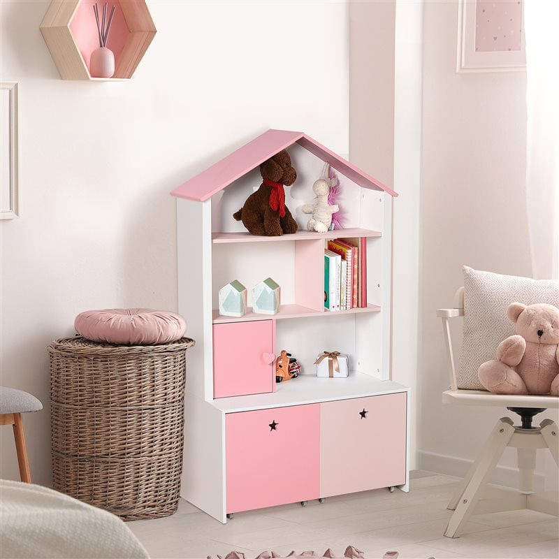 Homcom estantería de madera infantil librería para niños con 4 compartimentos 1 puerta y 2 cajones extraíbles con ruedas para libros juguetes 80x34x130 cm rosa y blanco