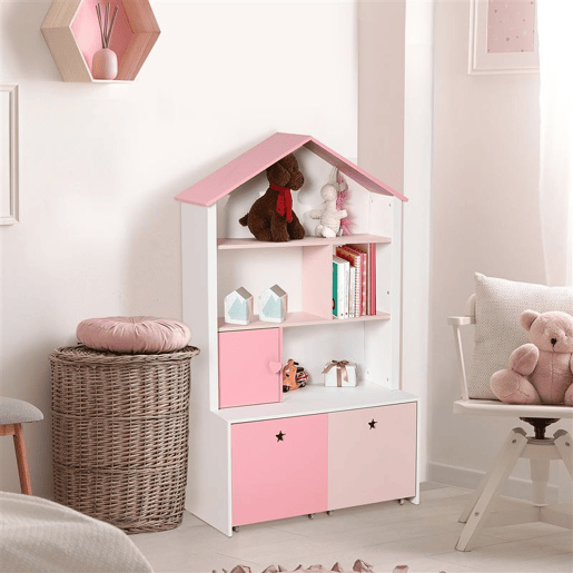 HOMCOM Estante de Madeira Infantil Estante de Livros para Crianças com 4 Compartimentos 1 Porta e 2 Gavetas Removíveis com Rodas para Livros Brinquedos 80x34x130cm Rosa e Branco