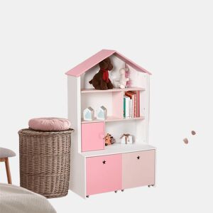 HOMCOM Estante de Madeira Infantil Estante de Livros para Crianças com 4 Compartimentos 1 Porta e 2 Gavetas Removíveis com Rodas para Livros Brinquedos 80x34x130cm Rosa e Branco
