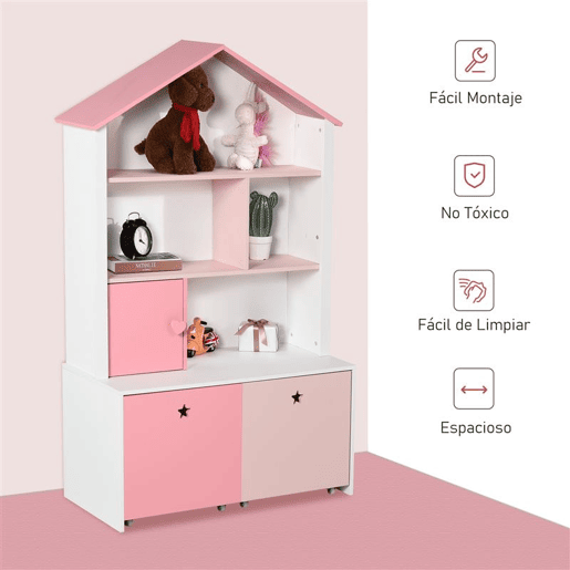 HOMCOM Estante de Madeira Infantil Estante de Livros para Crianças com 4 Compartimentos 1 Porta e 2 Gavetas Removíveis com Rodas para Livros Brinquedos 80x34x130cm Rosa e Branco