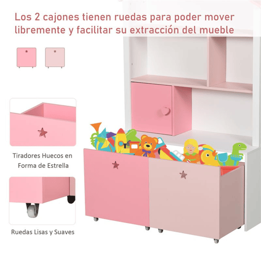 HOMCOM Estante de Madeira Infantil Estante de Livros para Crianças com 4 Compartimentos 1 Porta e 2 Gavetas Removíveis com Rodas para Livros Brinquedos 80x34x130cm Rosa e Branco