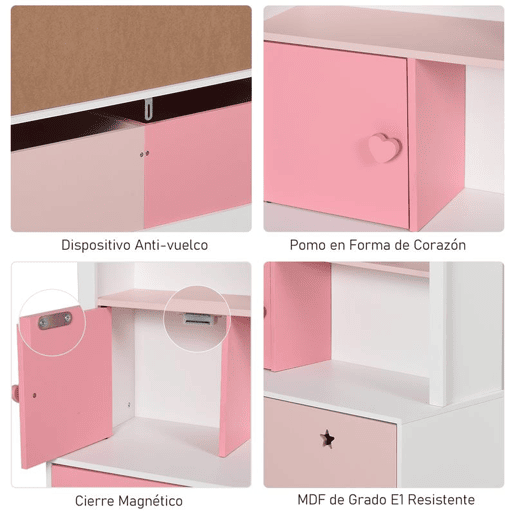 HOMCOM Estante de Madeira Infantil Estante de Livros para Crianças com 4 Compartimentos 1 Porta e 2 Gavetas Removíveis com Rodas para Livros Brinquedos 80x34x130cm Rosa e Branco