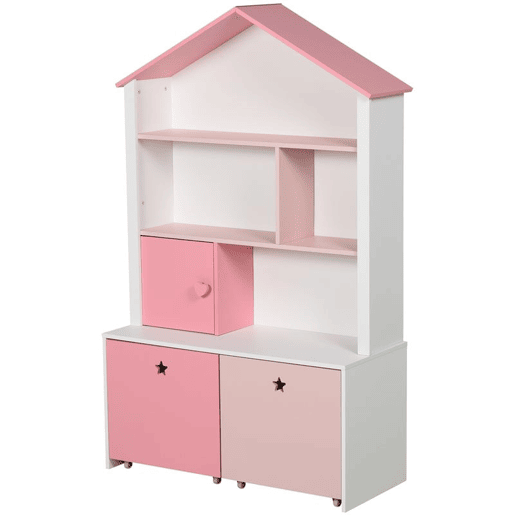 HOMCOM Estante de Madeira Infantil Estante de Livros para Crianças com 4 Compartimentos 1 Porta e 2 Gavetas Removíveis com Rodas para Livros Brinquedos 80x34x130cm Rosa e Branco