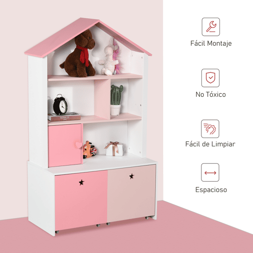 HOMCOM Estante de Madeira Infantil Estante de Livros para Crianças com 4 Compartimentos 1 Porta e 2 Gavetas Removíveis com Rodas para Livros Brinquedos 80x34x130cm Rosa e Branco