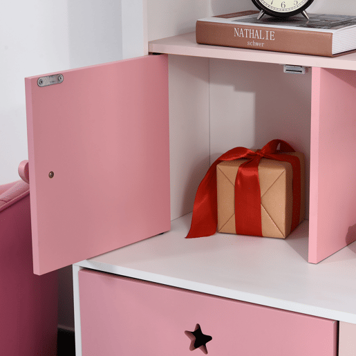 HOMCOM Estante de Madeira Infantil Estante de Livros para Crianças com 4 Compartimentos 1 Porta e 2 Gavetas Removíveis com Rodas para Livros Brinquedos 80x34x130cm Rosa e Branco