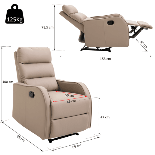 HOMCOM Poltrona Relax Reclinável Manual, Poltrona com Estofamento em PU e Apoio para Pés Retrátil, Acolchoamento Espesso, Reclinável até 160º para Sala, Quarto 65x89x100 cm Castanho Claro