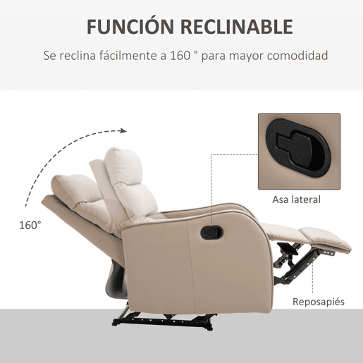 HOMCOM Poltrona Relax Reclinável Manual, Poltrona com Estofamento em PU e Apoio para Pés Retrátil, Acolchoamento Espesso, Reclinável até 160º para Sala, Quarto 65x89x100 cm Castanho Claro