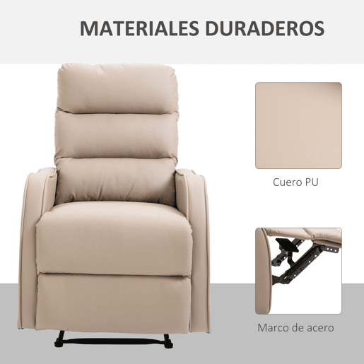HOMCOM Poltrona Relax Reclinável Manual, Poltrona com Estofamento em PU e Apoio para Pés Retrátil, Acolchoamento Espesso, Reclinável até 160º para Sala, Quarto 65x89x100 cm Castanho Claro