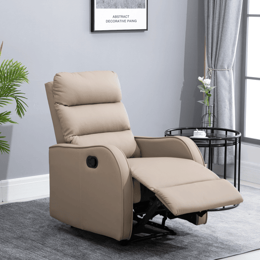 HOMCOM Poltrona Relax Reclinável Manual, Poltrona com Estofamento em PU e Apoio para Pés Retrátil, Acolchoamento Espesso, Reclinável até 160º para Sala, Quarto 65x89x100 cm Castanho Claro
