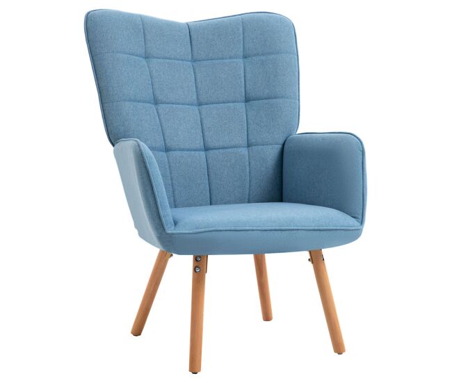 Homcom sillón de salón moderno butaca de dormitorio con respaldo alto reposabrazos tela de lino y patas de madera para sala de estar 71x76x101 cm azul
